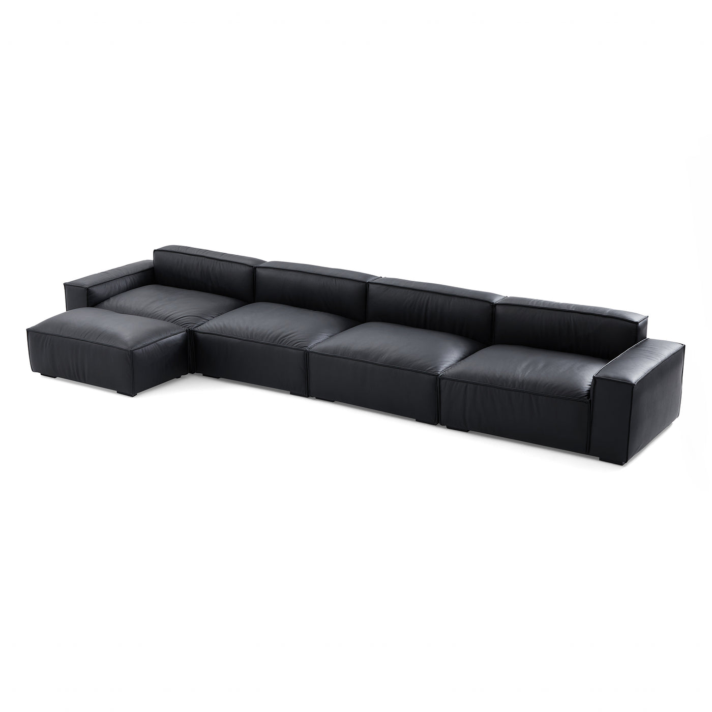 Luxury Minimalist Leather Black Sofa and Ottoman-Black-179.5"