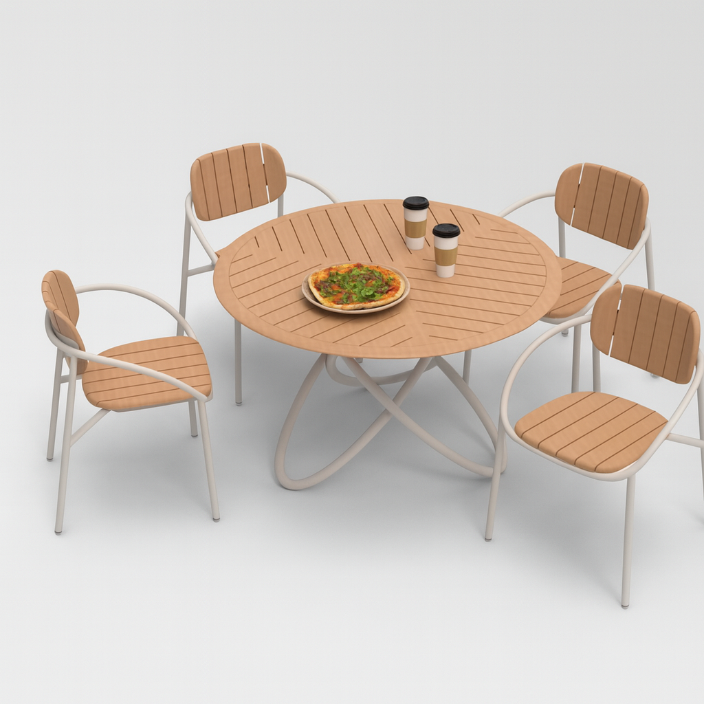 Chloe Outdoor 4 Person Patio Dining Set with Round Teak Top Table-White