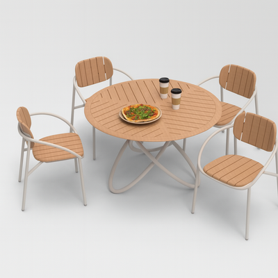 Chloe Outdoor 4 Person Patio Dining Set with Round Teak Top Table-White