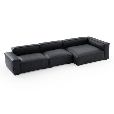 Luxury Minimalist Black Leather Sectional-Black-145.7″-Facing Right
