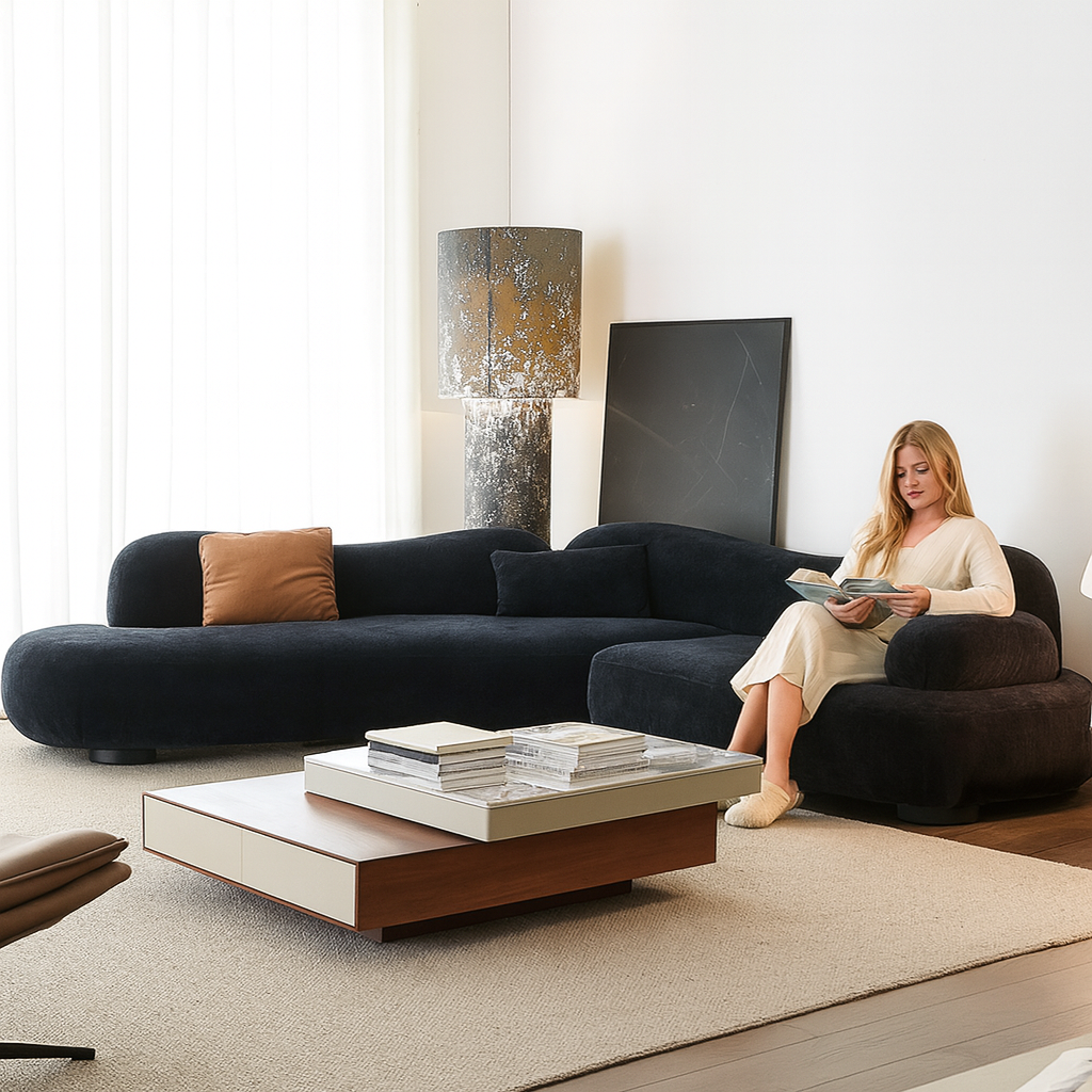 Velvet Curved Sectional Sofa in Midnight Black-Black