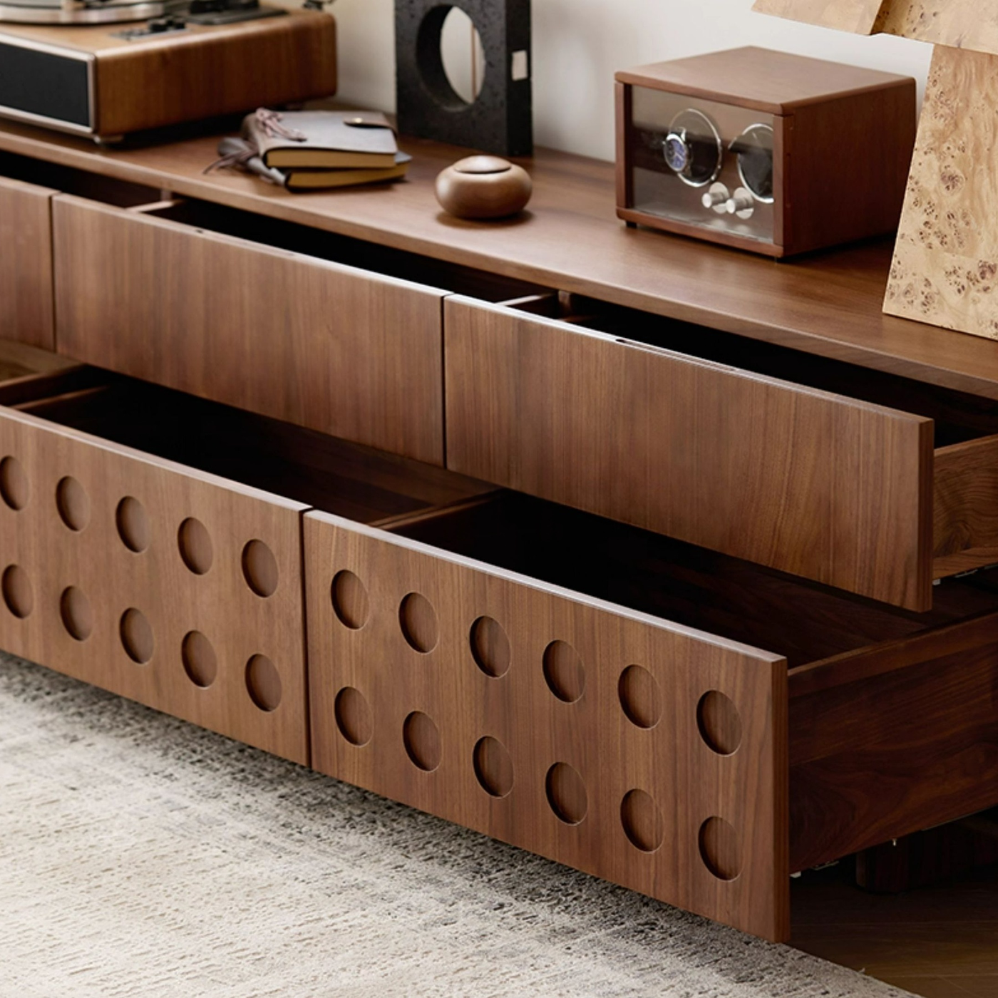 Circular Pattern Walnut TV Stand