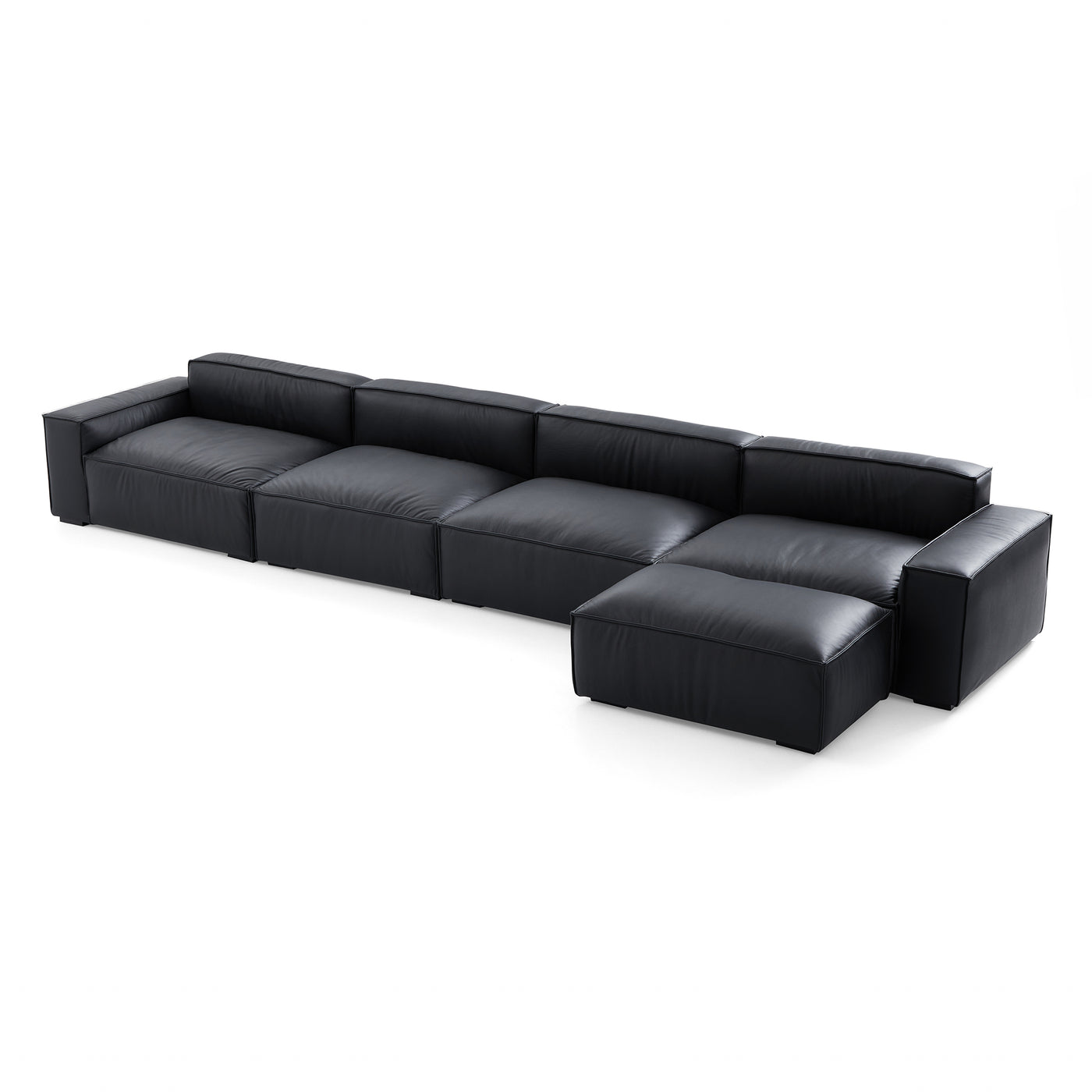 Luxury Minimalist Leather Black Sofa and Ottoman-Black-179.5"