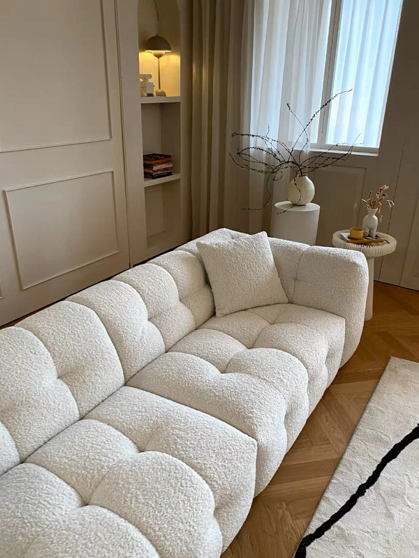 Cushy White Boucle Fabric Tufted Sofa Set