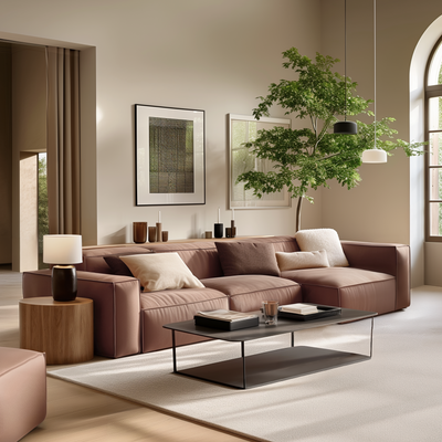 Luxury Minimalist Brown Fabric Sectional-Brown