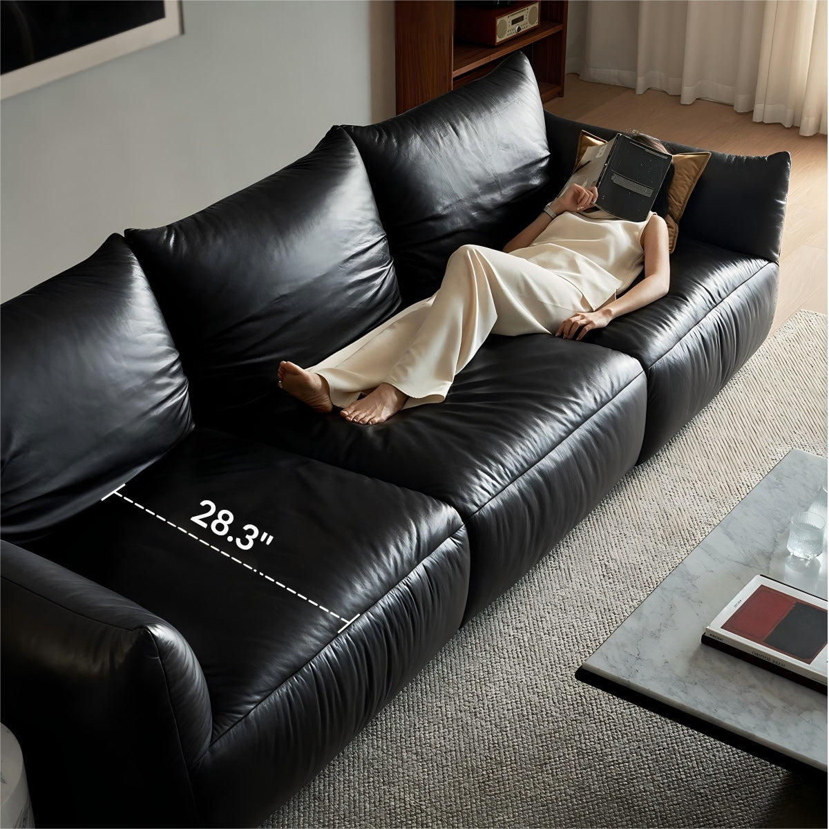 Croissant Noir Top Grain Leather Sofa-Black