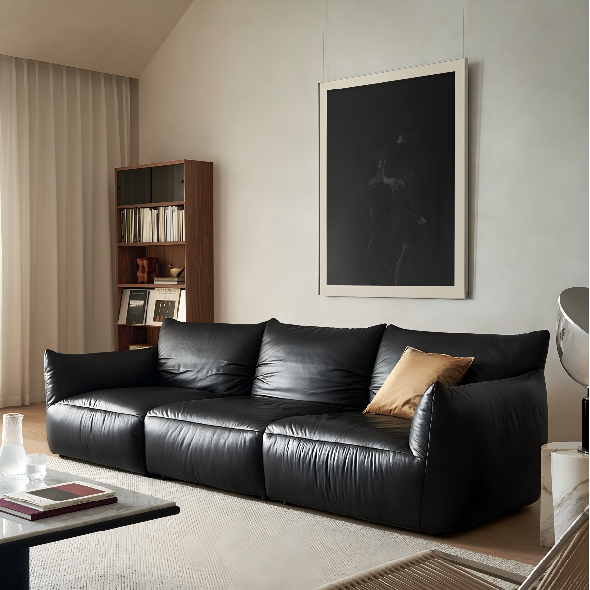 Croissant Noir Top Grain Leather Sofa-Black