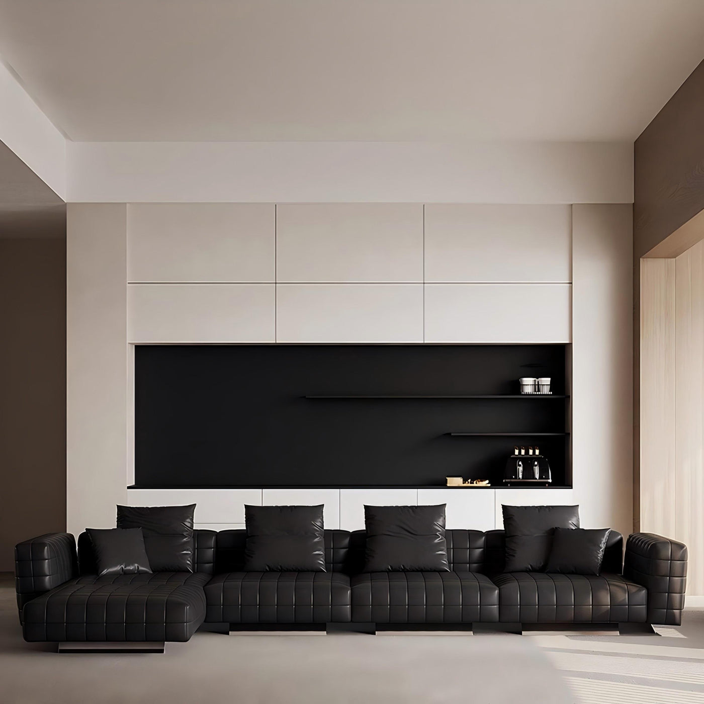 Matrix Top Grain Leather Sofa with Ottoman-Black