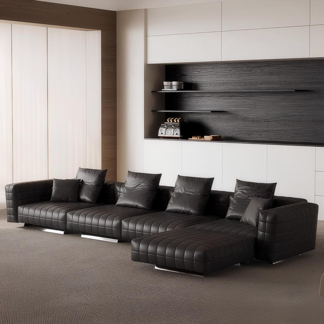 Matrix Top Grain Leather Sofa with Ottoman-Black
