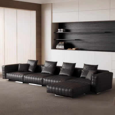 Matrix Top Grain Leather Sofa with Ottoman-Black