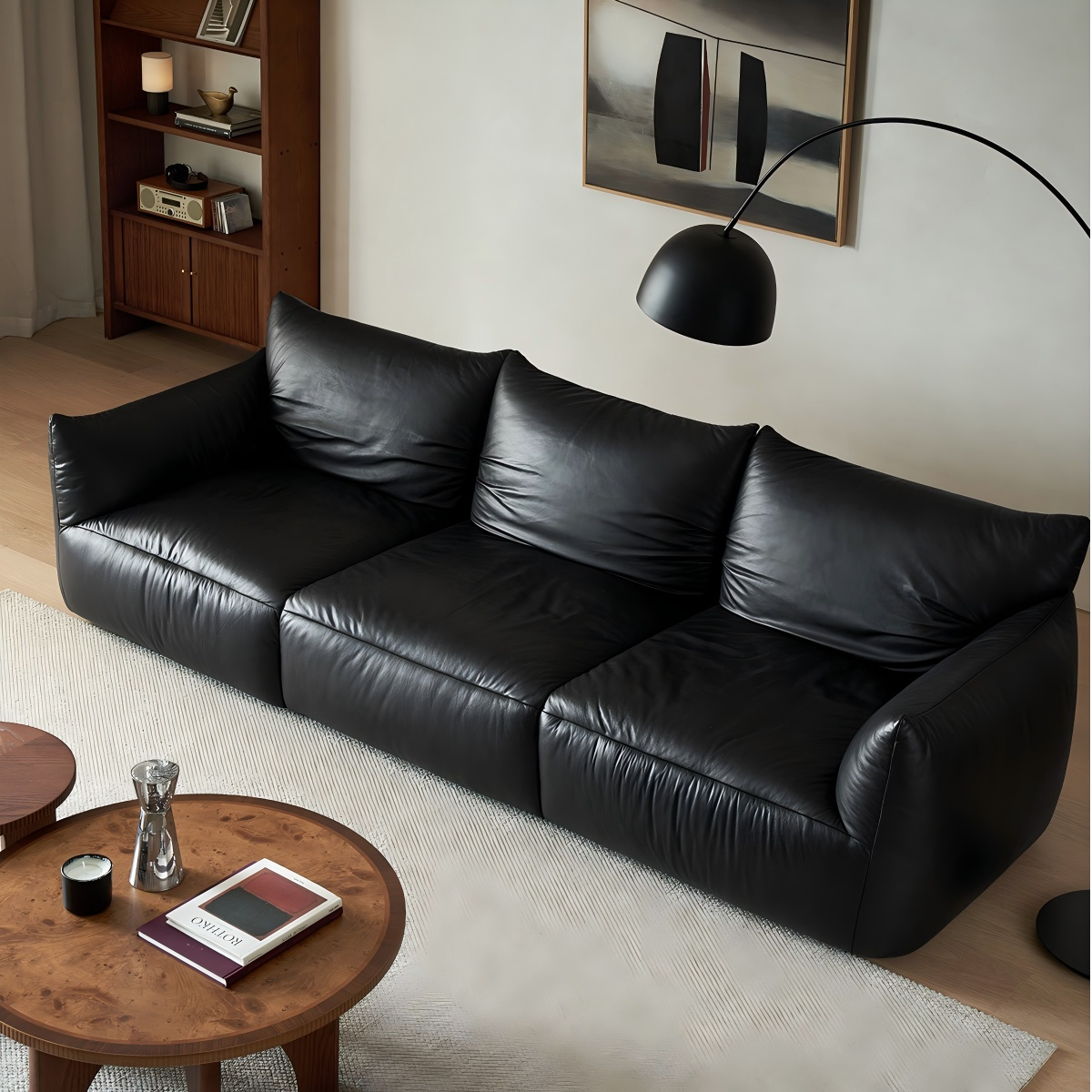 Croissant Noir Top Grain Leather Sofa-Black
