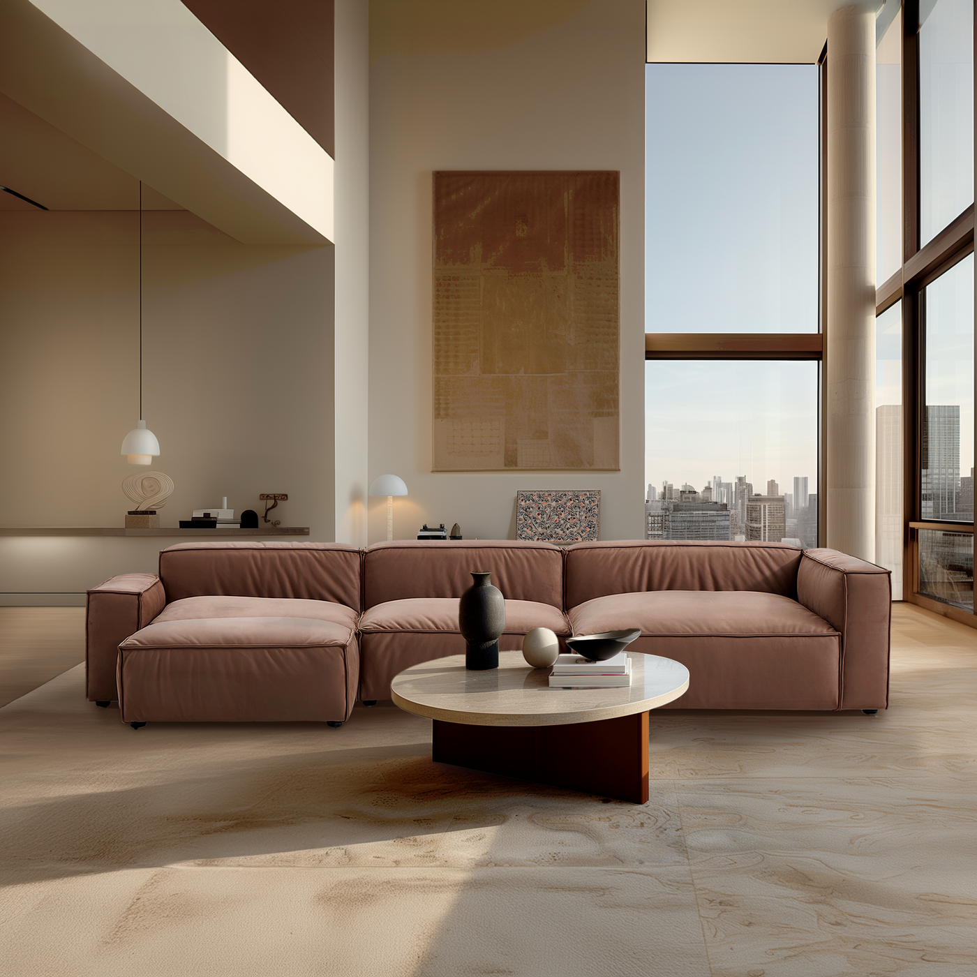 Luxury Minimalist Brown Fabric Sectional and Ottoman-Brown