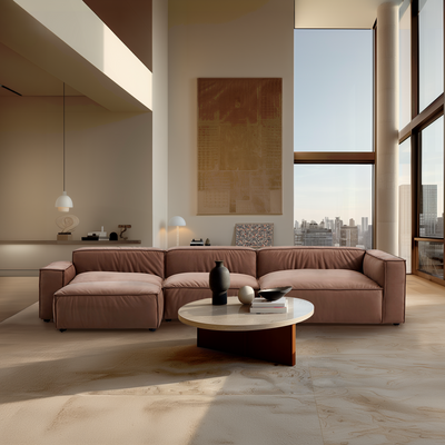 Luxury Minimalist Brown Fabric Sectional and Ottoman-Brown