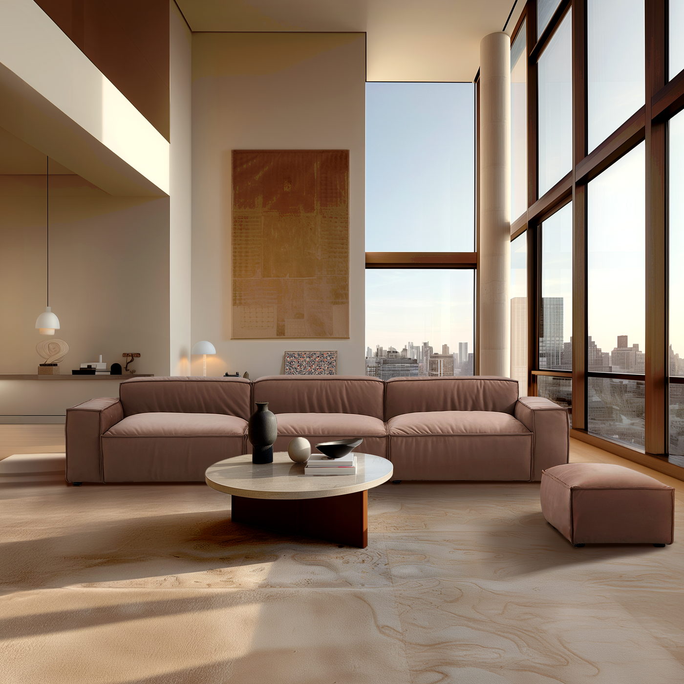 Luxury Minimalist Brown Fabric Sofa and Ottoman-Brown