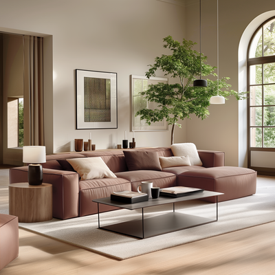 Luxury Minimalist Brown Fabric Sofa and Ottoman-Brown