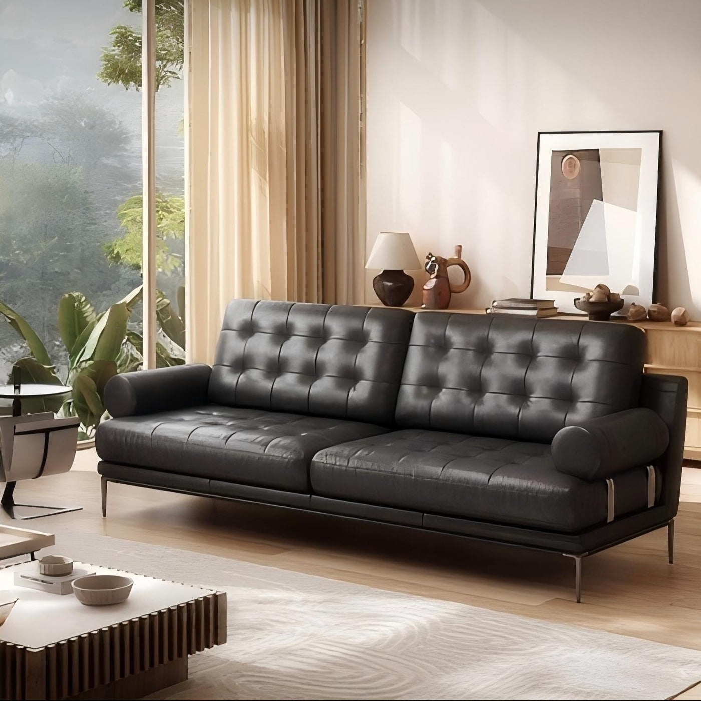 Espresso Tufted Leather Sofa-Black-102.3"
