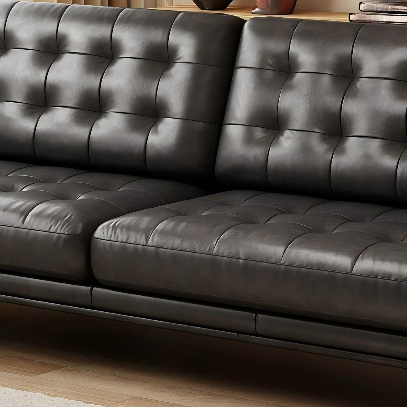 Espresso Tufted Leather Sofa-Black-102.3"