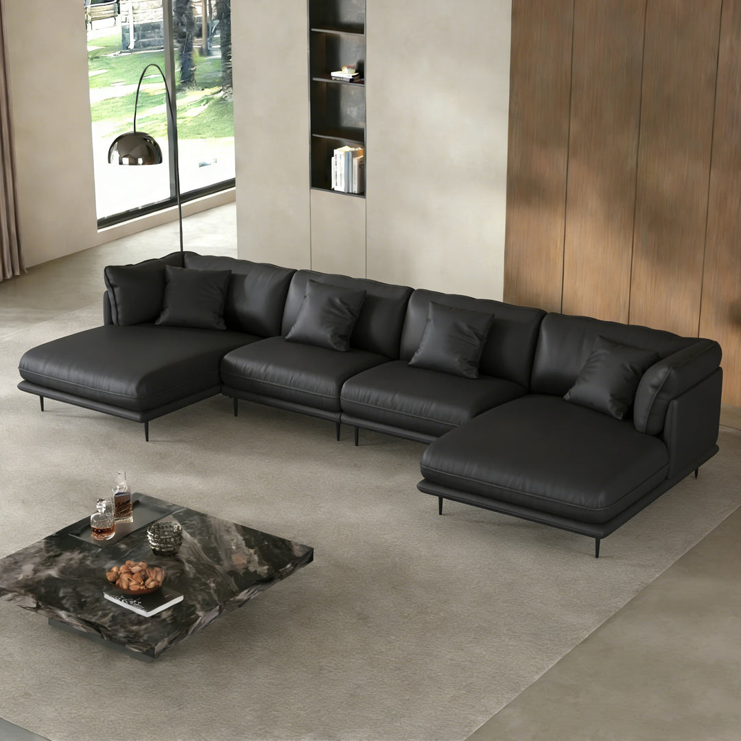 Vanilla Black Leather U-Shaped Sectional