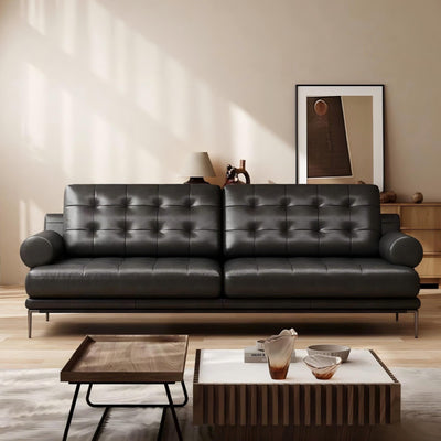 Espresso Tufted Leather Sofa-Black