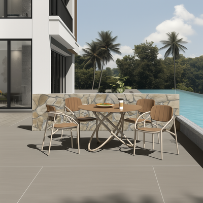 Chloe Outdoor 4 Person Patio Dining Set with Round Teak Top Table-White