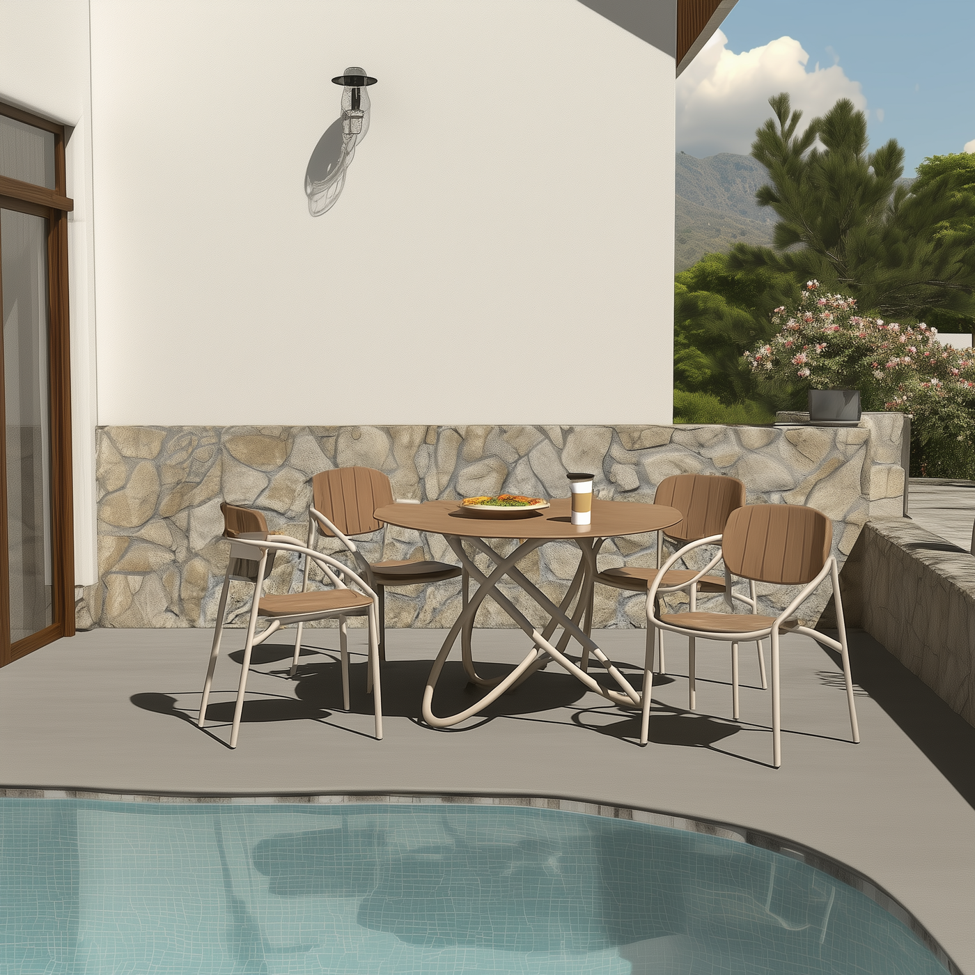 Chloe Outdoor 4 Person Patio Dining Set with Round Teak Top Table-White