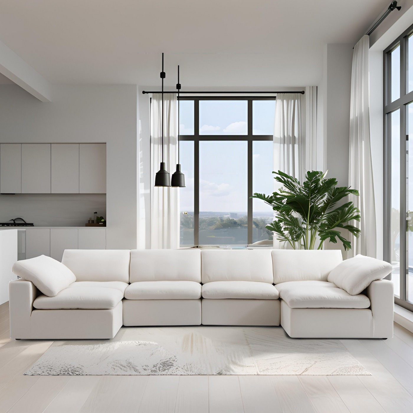 Tender Wabi Sabi U Shaped Beige Sectional with Open End-White